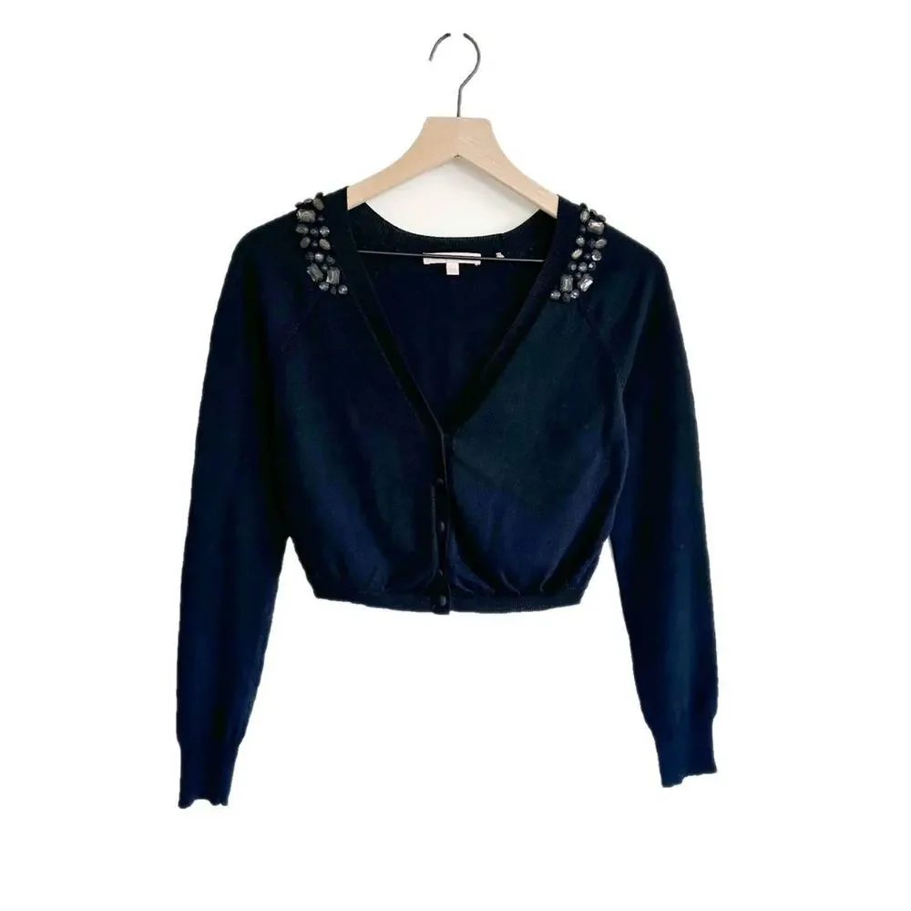 Rebecca Taylor Black Cropped Cardigan Rhinestone Embellished Size S
